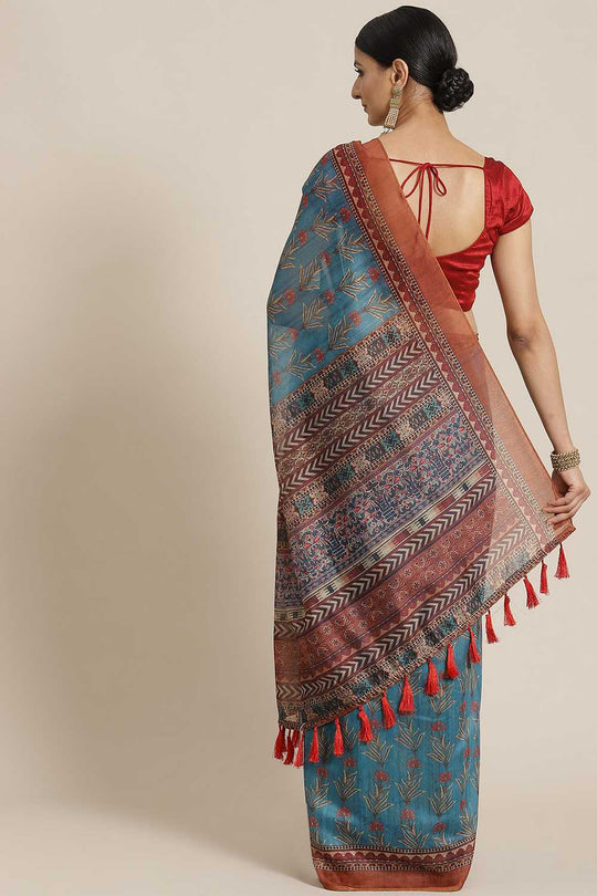 Zora Teal Cotton Blend Kalamkari Digital Printed Ready to Wear One Minute Saree