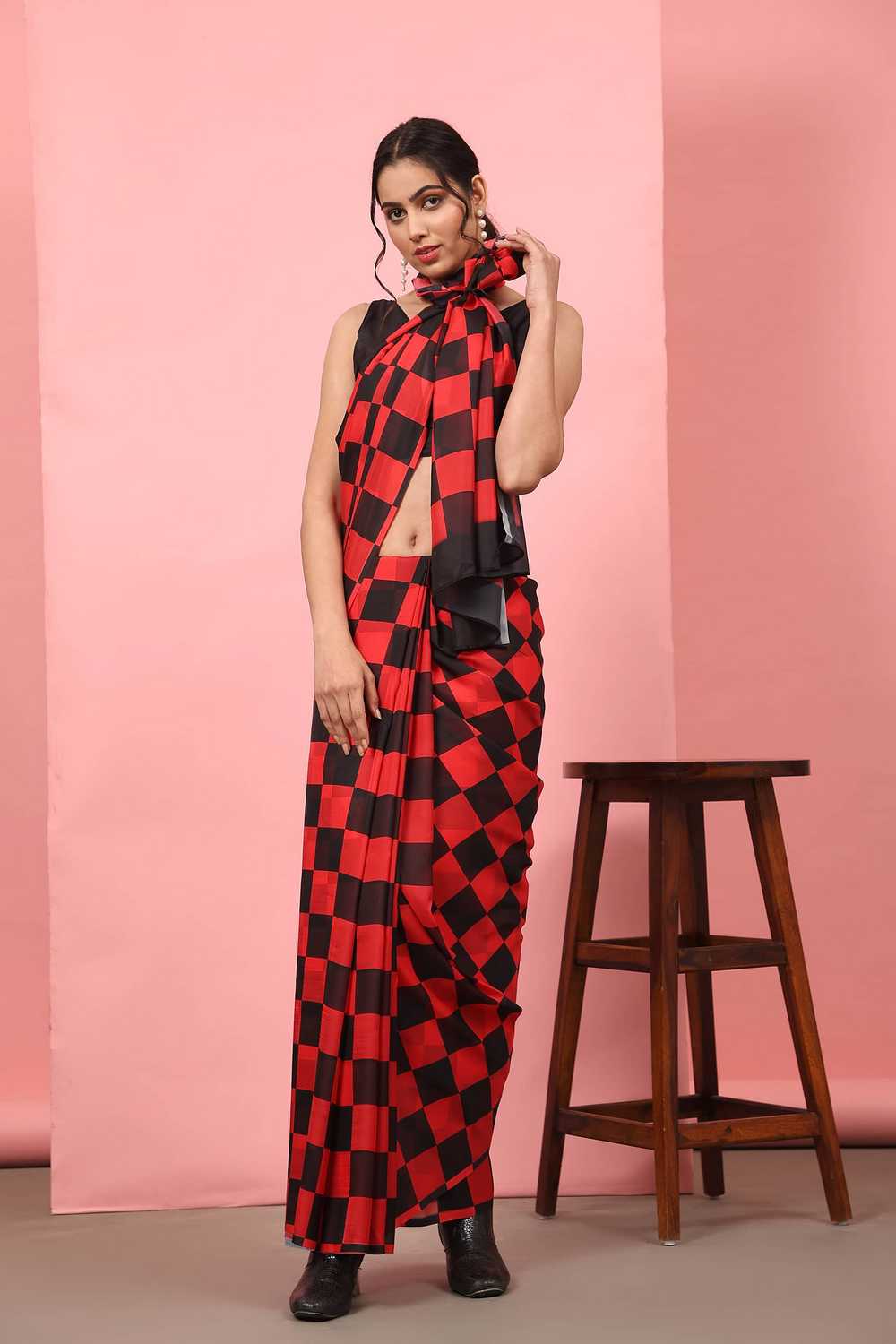 Lucia Red Soft Silk Checkered Ready to Wear One Minute Saree