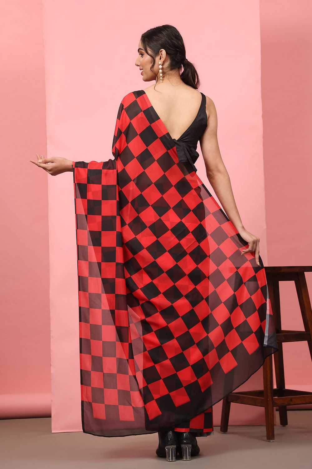 Lucia Red Soft Silk Checkered Ready to Wear One Minute Saree