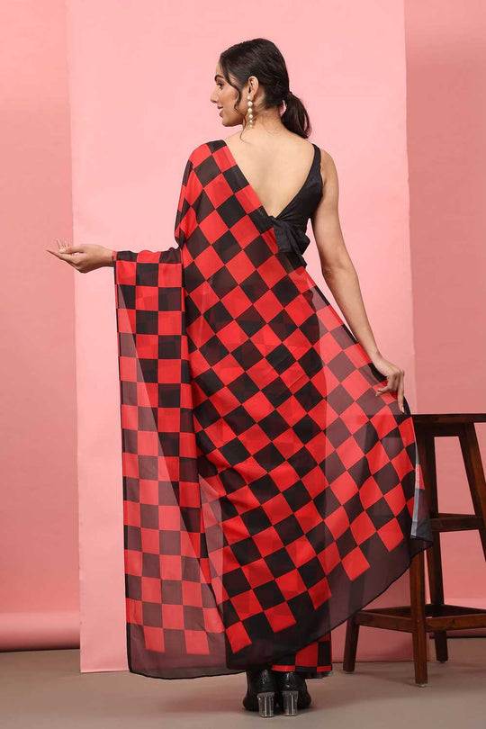 Lucia Red Soft Silk Checkered Ready to Wear One Minute Saree