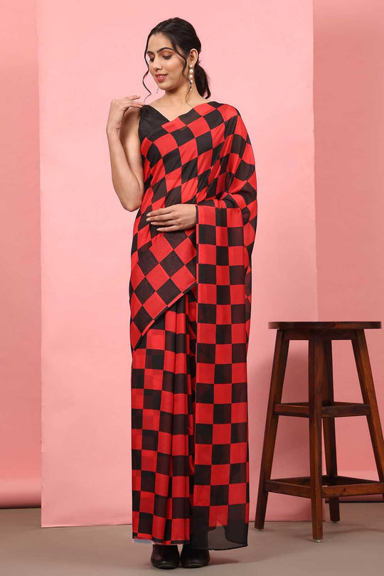 Lucia Red Soft Silk Checkered Ready to Wear One Minute Saree