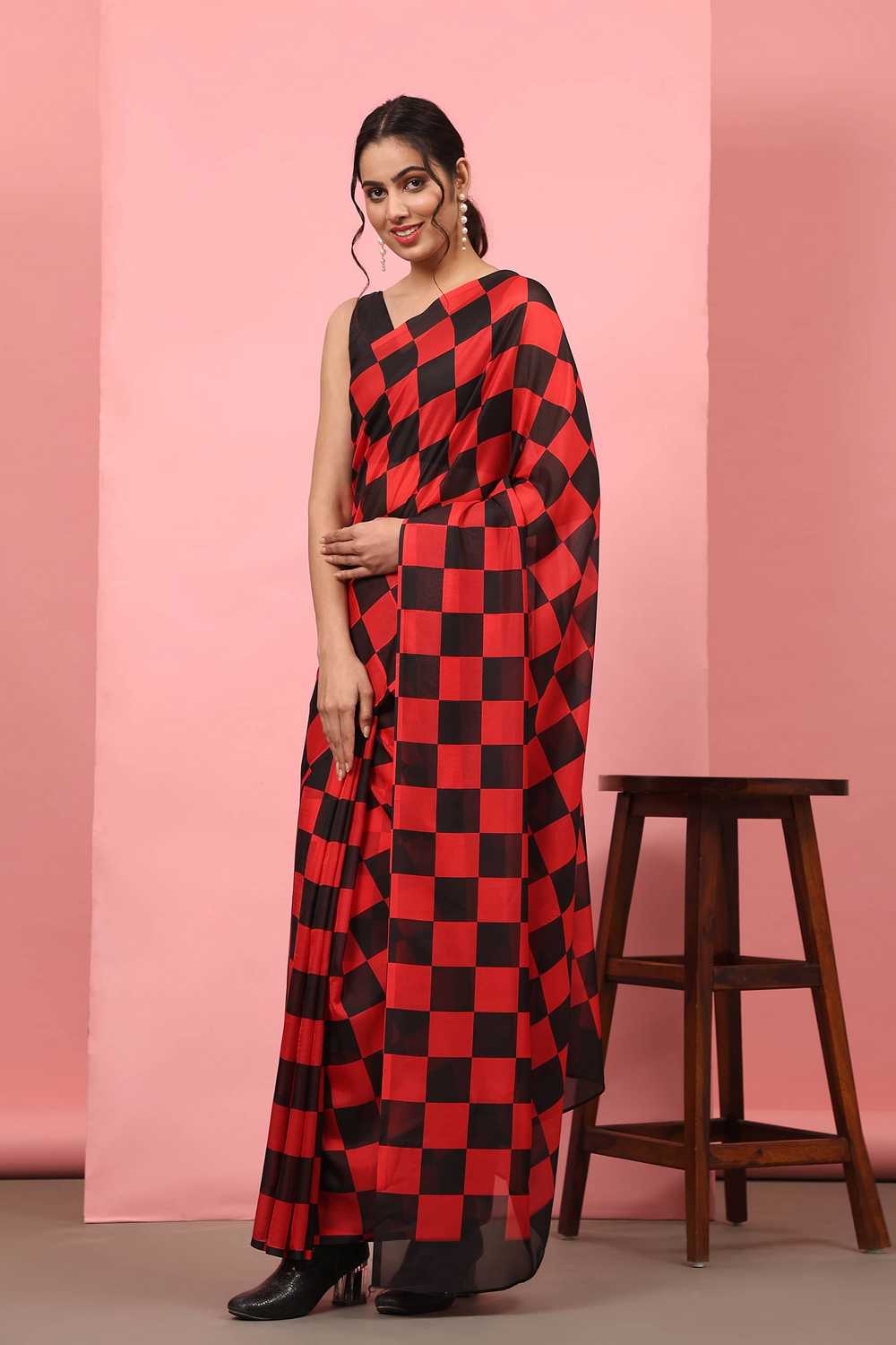 Lucia Red Soft Silk Checkered Ready to Wear One Minute Saree
