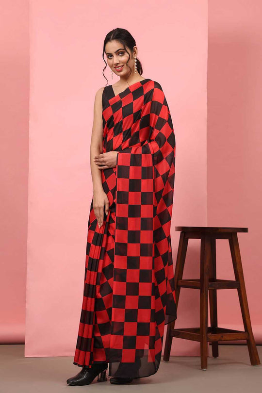 Lucia Red Soft Silk Checkered Ready to Wear One Minute Saree