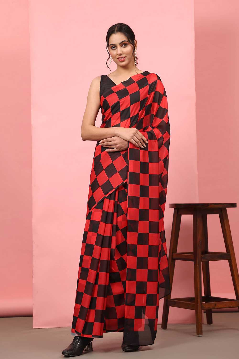 Lucia Red Soft Silk Checkered Ready to Wear One Minute Saree