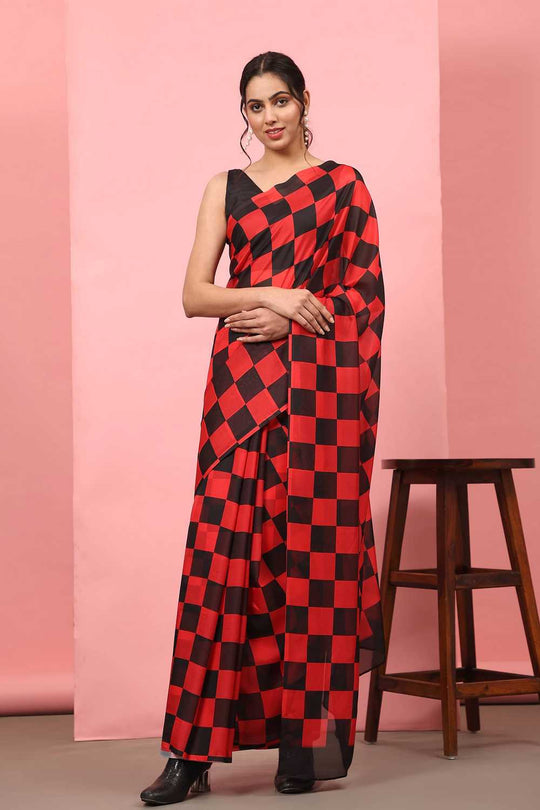 Lucia Red Soft Silk Checkered Ready to Wear One Minute Saree