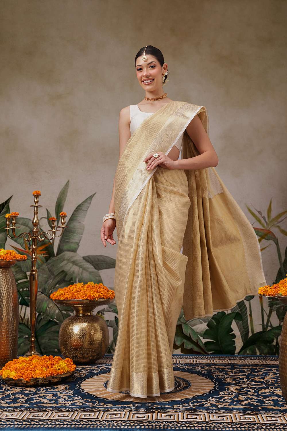 Ani Beige Muga Tissue Woven Ready to Wear One Minute Saree