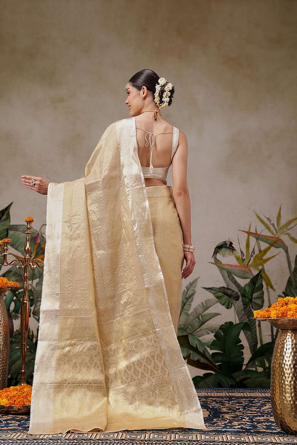 Ani Beige Muga Tissue Woven Ready to Wear One Minute Saree