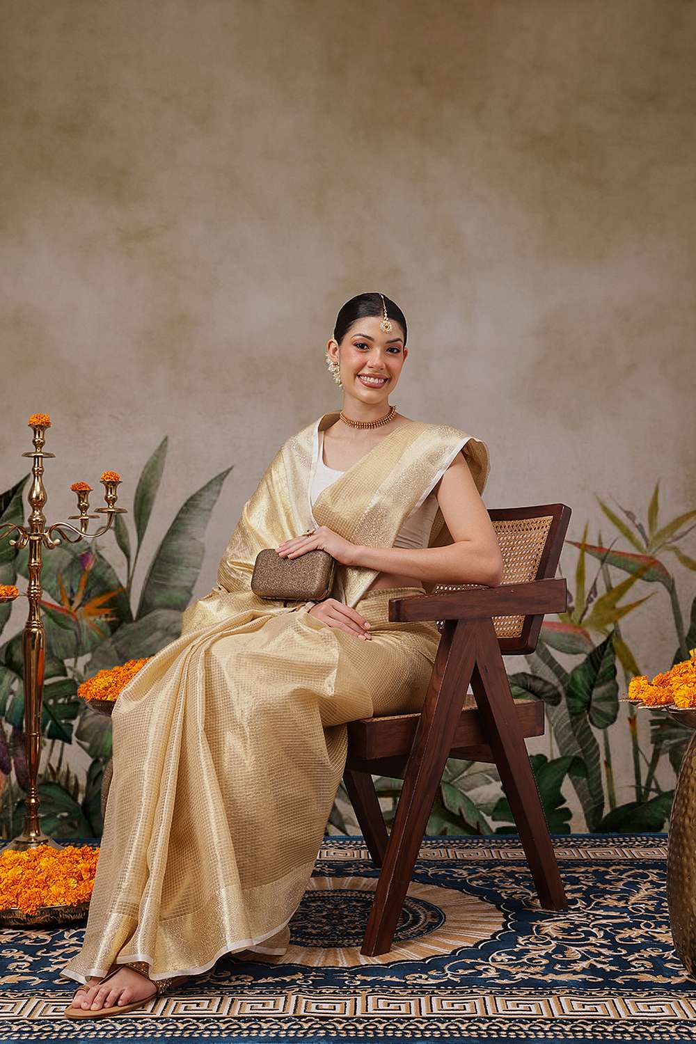 Ani Beige Muga Tissue Woven Ready to Wear One Minute Saree