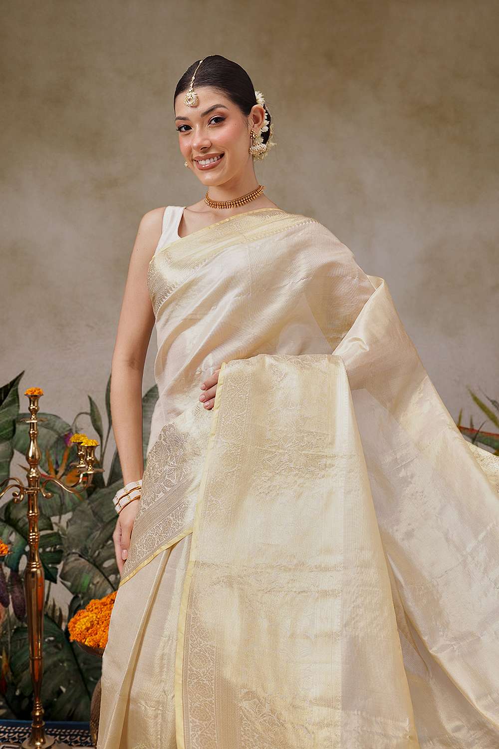 Isa Beige Tissue Woven Ready to Wear One Minute Saree