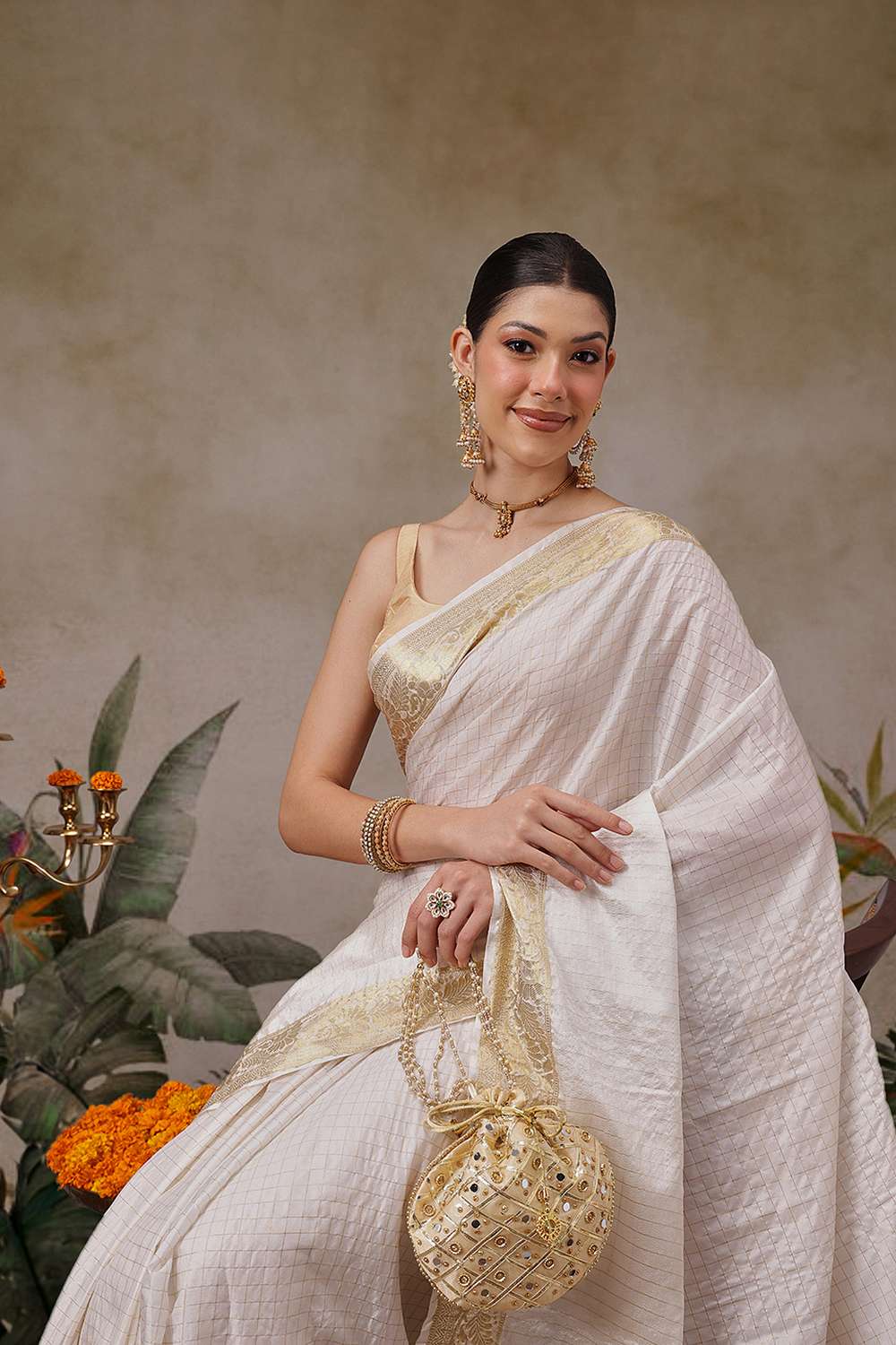 Leana Off White Soft Silk Woven Ready to Wear One Minute Saree