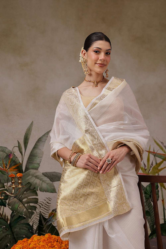 Nina Off White Muga Silk Woven Ready to Wear One Minute Saree