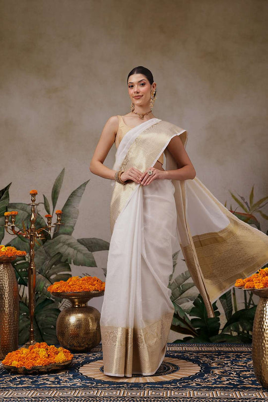 Nina Off White Muga Silk Woven Ready to Wear One Minute Saree