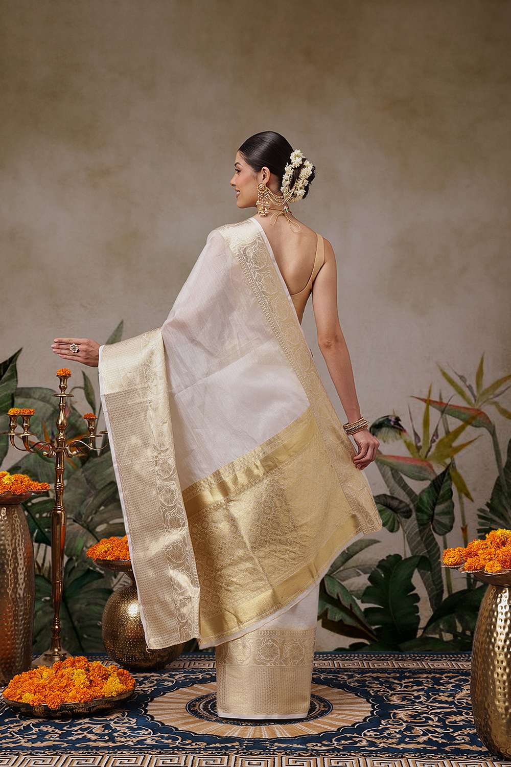Nina Off White Muga Silk Woven Ready to Wear One Minute Saree