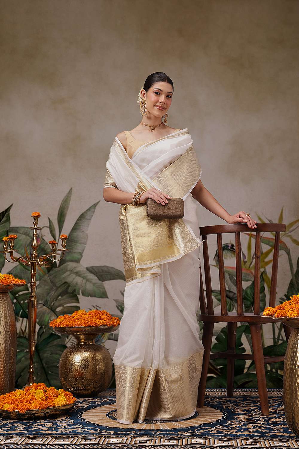 Nina Off White Muga Silk Woven Ready to Wear One Minute Saree