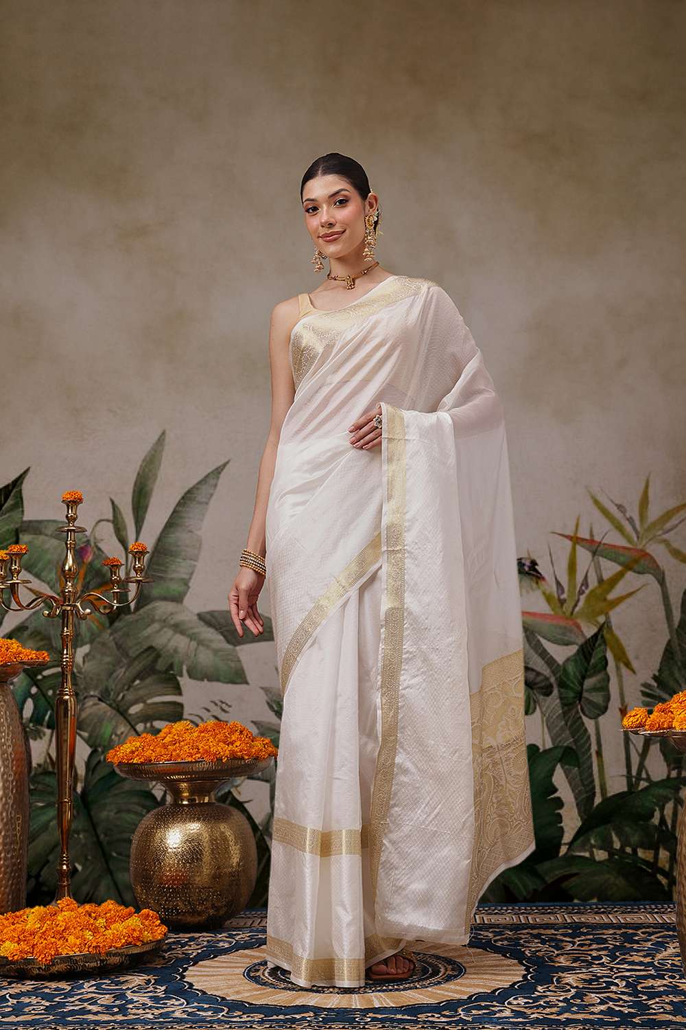 Uri Off White Muga Silk Woven Ready to Wear One Minute Saree