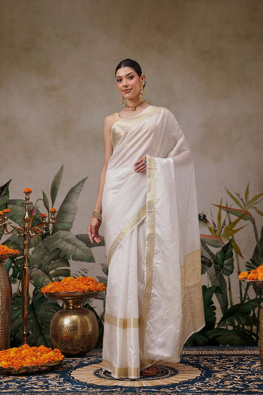 Uri Off White Muga Silk Woven Ready to Wear One Minute Saree