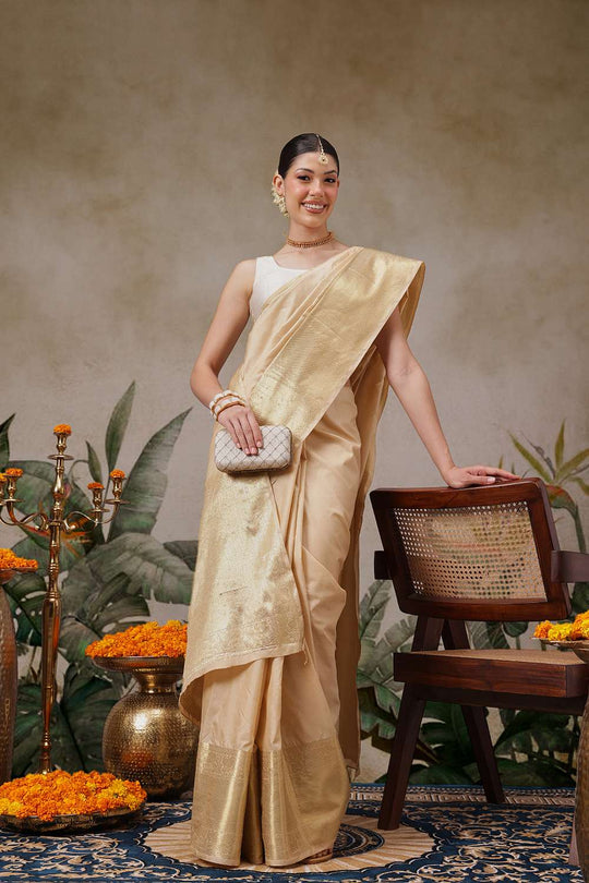 Avni Beige Soft Silk Woven Ready to Wear One Minute Saree