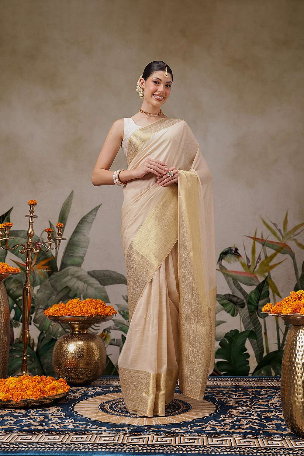 Prisha Beige Georgette Woven Ready to Wear One Minute Saree