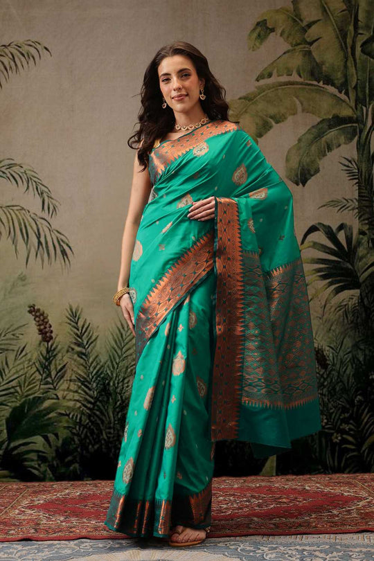 Lucia Green Soft Silk Floral Zari Woven Ready to Wear One Minute Saree