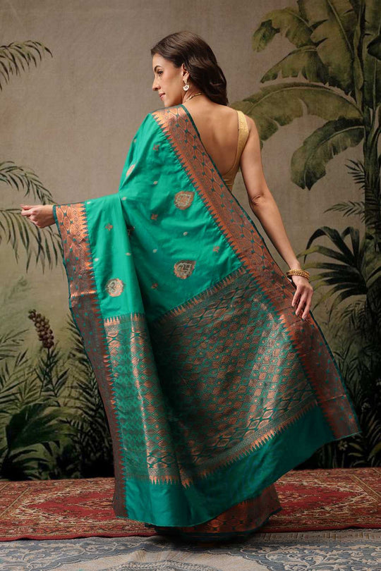 Lucia Green Soft Silk Floral Zari Woven Ready to Wear One Minute Saree