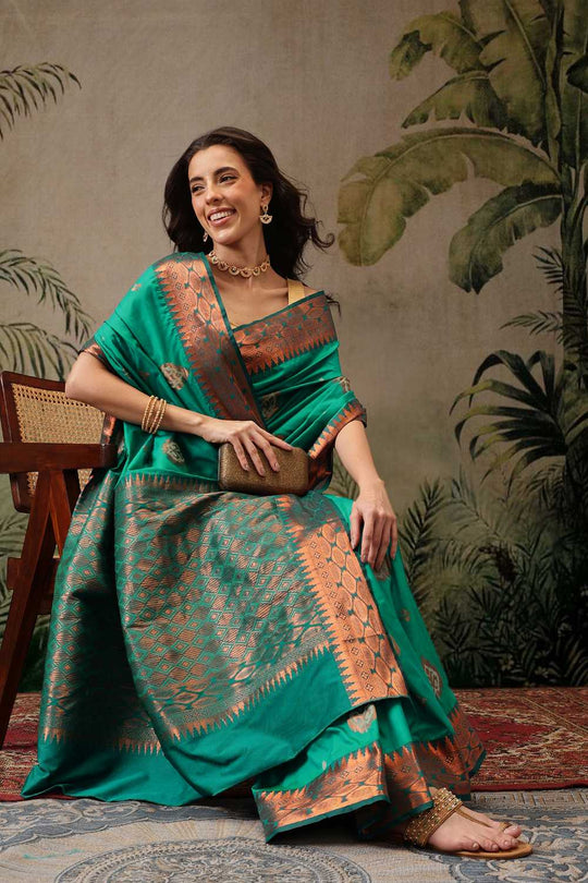 Lucia Green Soft Silk Floral Zari Woven Ready to Wear One Minute Saree