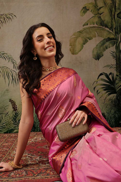 Lucia Light Pink Soft Silk Floral Zari Woven Ready to Wear One Minute Saree