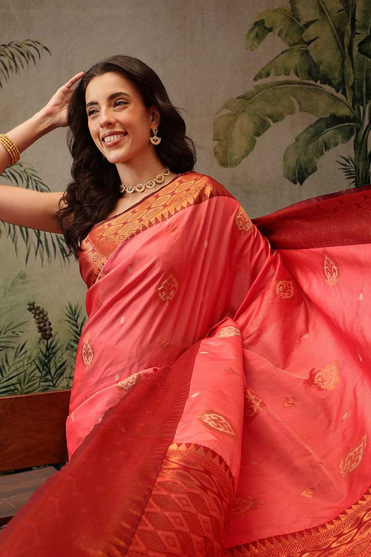 Lucia Orange Soft Silk Floral Zari Woven Ready to Wear One Minute Saree