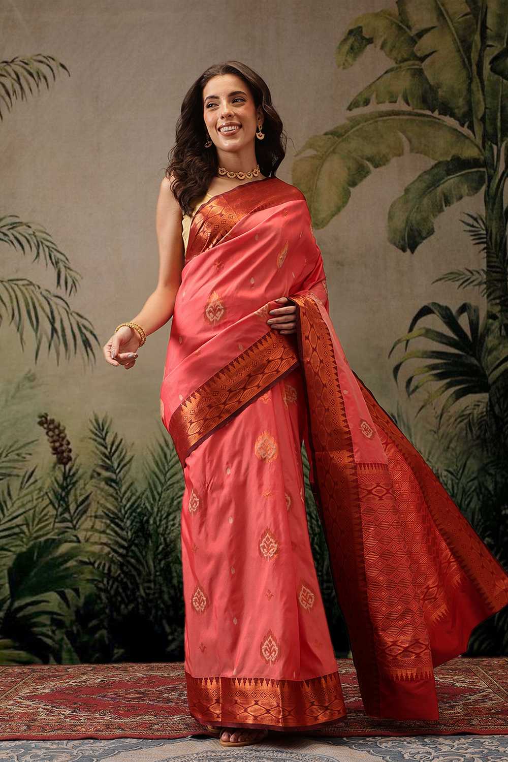 Lucia Orange Soft Silk Floral Zari Woven Ready to Wear One Minute Saree