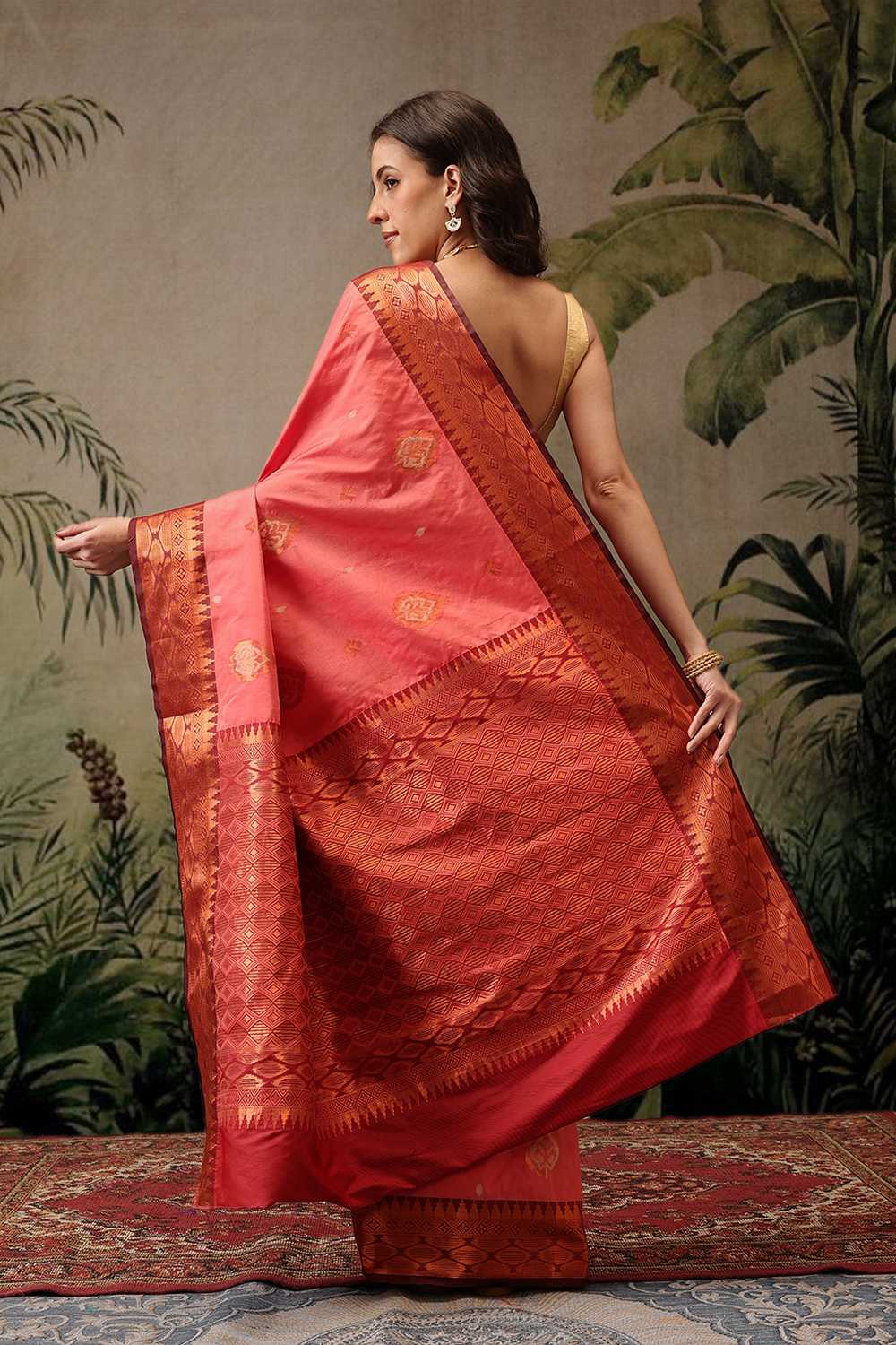 Lucia Orange Soft Silk Floral Zari Woven Ready to Wear One Minute Saree