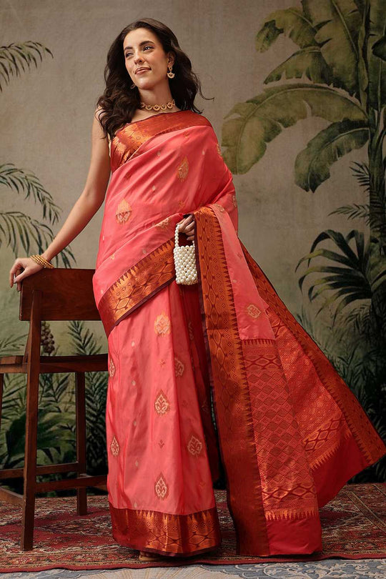 Lucia Orange Soft Silk Floral Zari Woven Ready to Wear One Minute Saree
