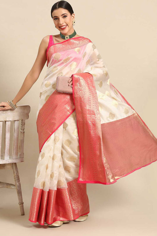 Anika White Kanjeevaram Silk Floral Woven Ready to Wear One Minute Saree