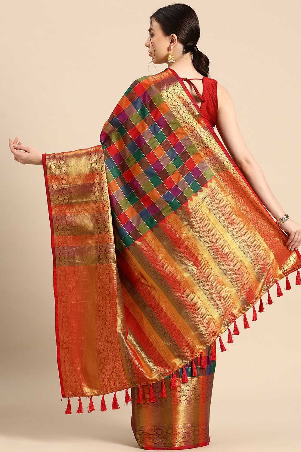 Anika Multicolor Kanjeevaram Silk Zari Woven Ready to Wear One Minute Saree
