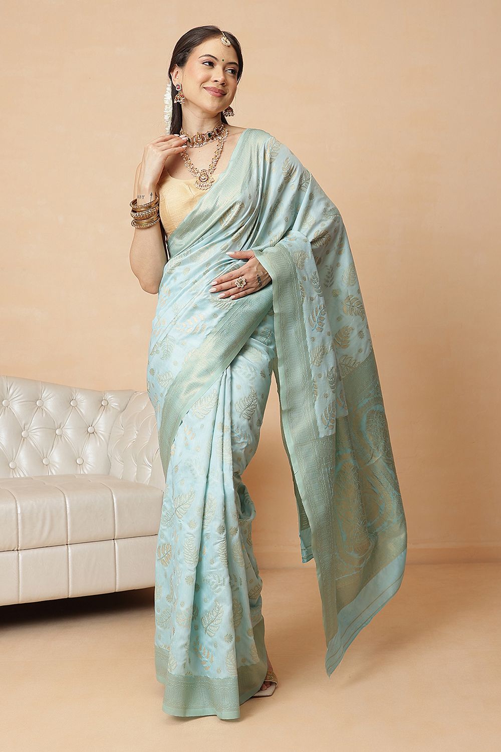 Tyra Turquoise Cotton Silk Floral Woven Ready to Wear Saree
