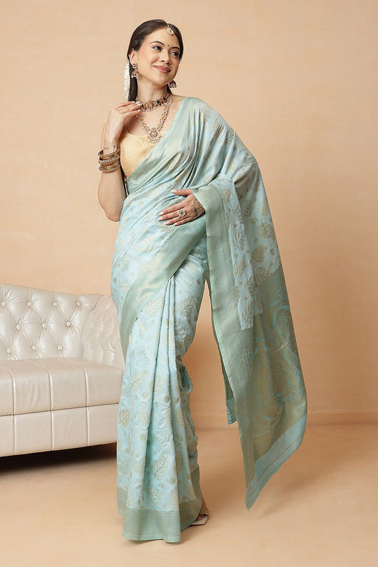Tyra Turquoise Cotton Silk Floral Woven Ready to Wear Saree