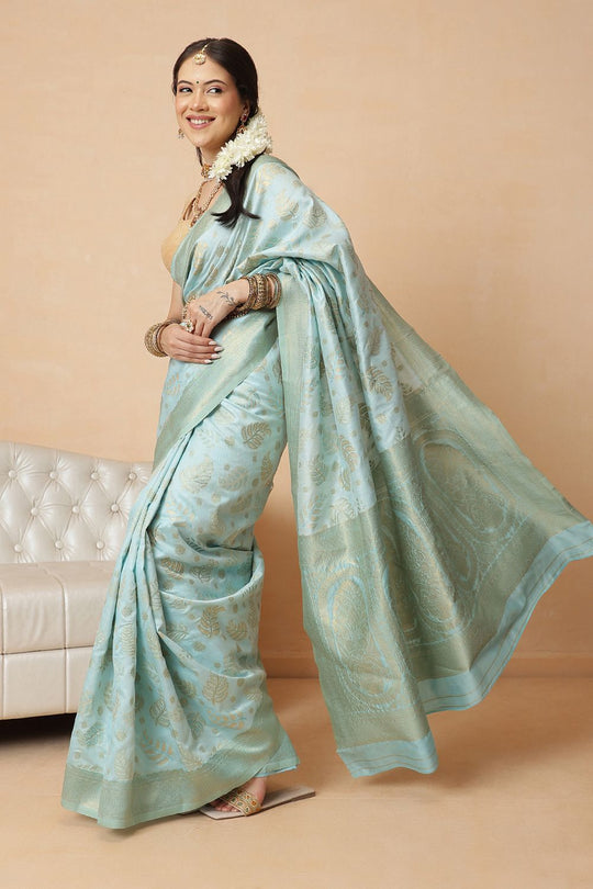 Tyra Turquoise Cotton Silk Floral Woven Ready to Wear Saree