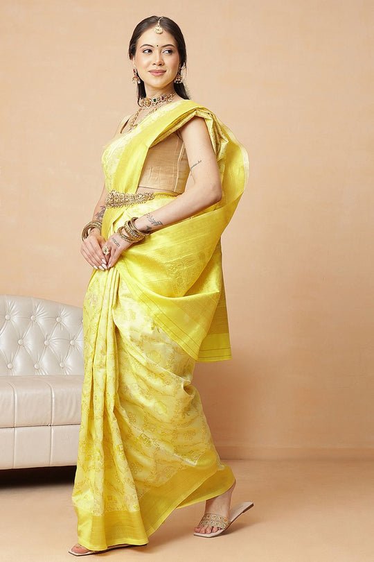 Apple Yellow Cotton Silk Floral Woven Ready to Wear Saree
