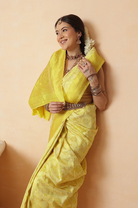 Apple Yellow Cotton Silk Floral Woven Ready to Wear Saree