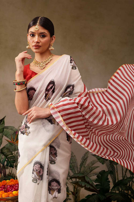Zora Beige Cotton Blend Abstract Digital Printed Ready to Wear One Minute Saree