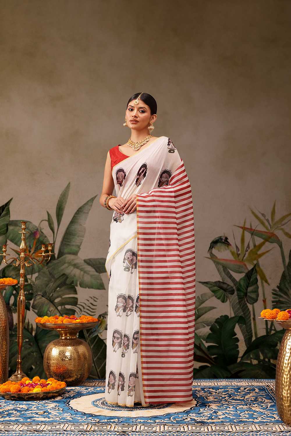 Zora Beige Cotton Blend Abstract Digital Printed Ready to Wear One Minute Saree