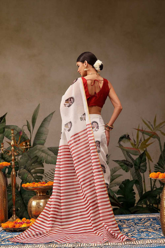 Zora Beige Cotton Blend Abstract Digital Printed Ready to Wear One Minute Saree
