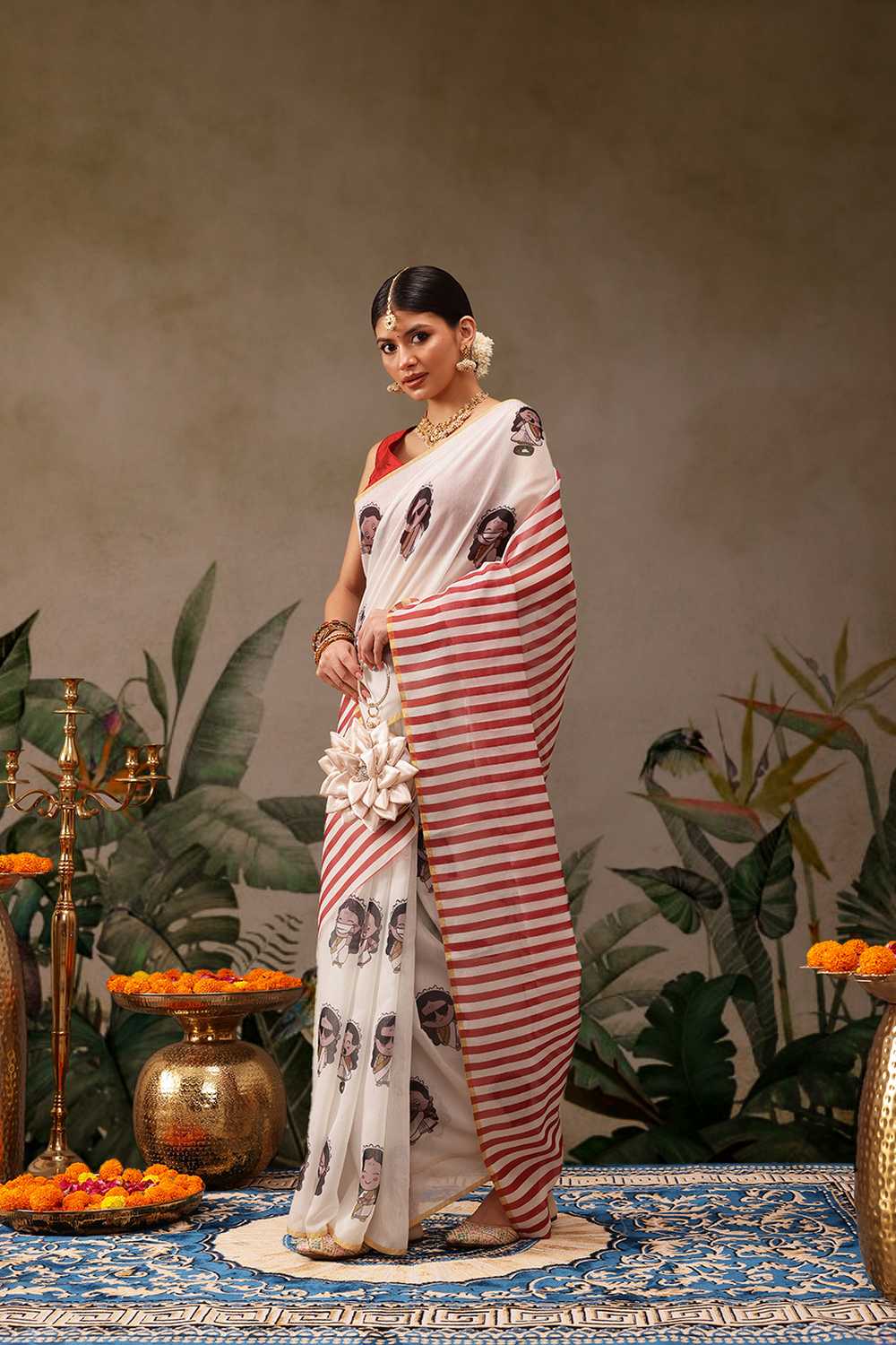 Zora Beige Cotton Blend Abstract Digital Printed Ready to Wear One Minute Saree