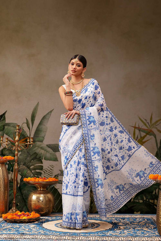 Zora White Cotton Blend Floral Digital Printed Ready to Wear One Minute Saree
