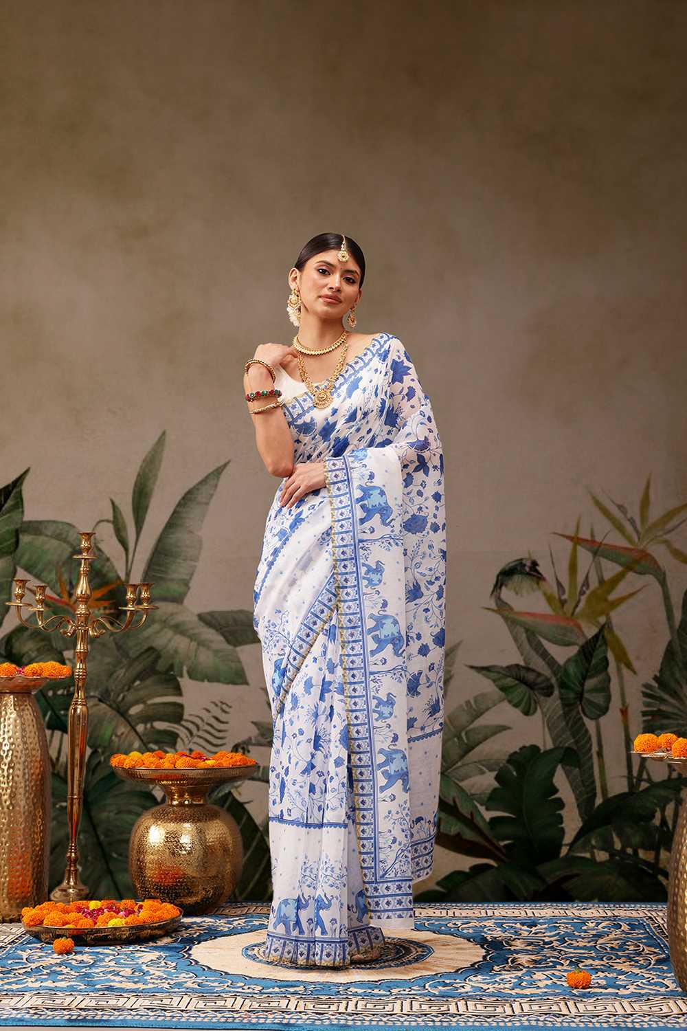 Zora White Cotton Blend Floral Digital Printed Ready to Wear One Minute Saree