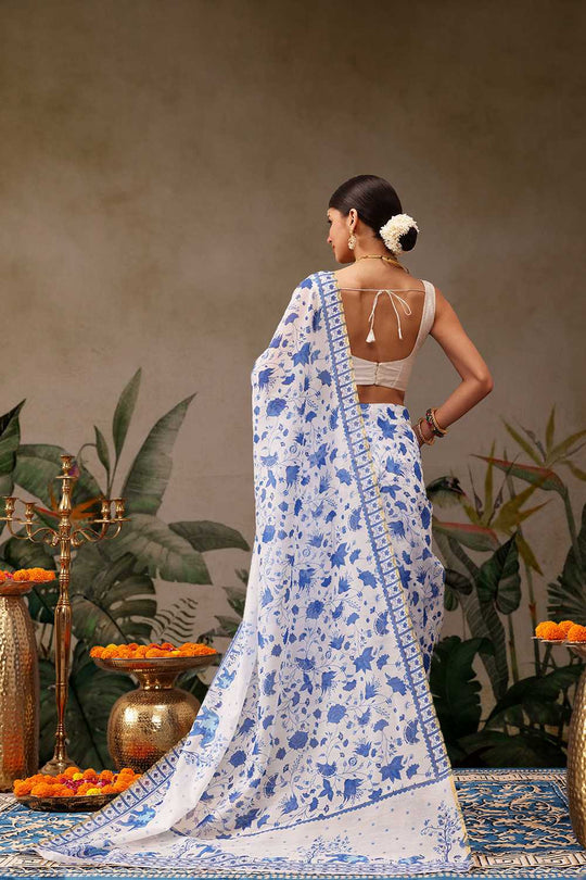 Zora White Cotton Blend Floral Digital Printed Ready to Wear One Minute Saree