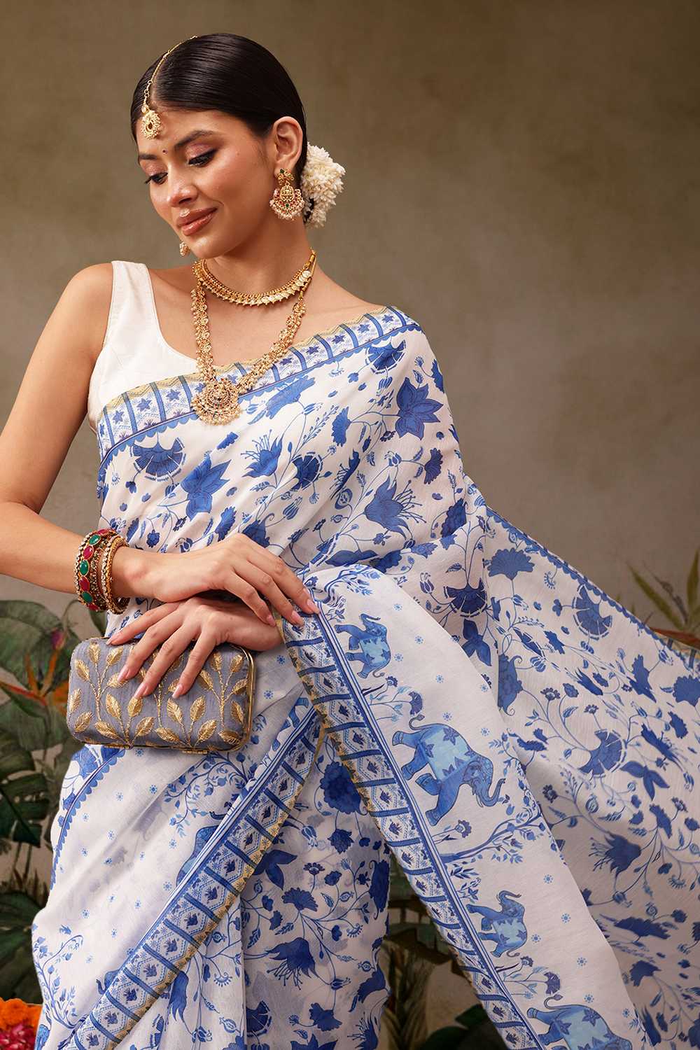 Zora White Cotton Blend Floral Digital Printed Ready to Wear One Minute Saree
