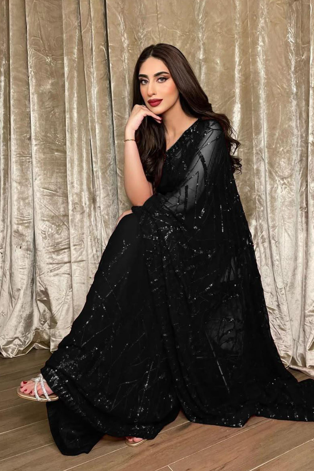 Julia Black Georgette Sequin Embellished Partywear Ready to Wear Saree