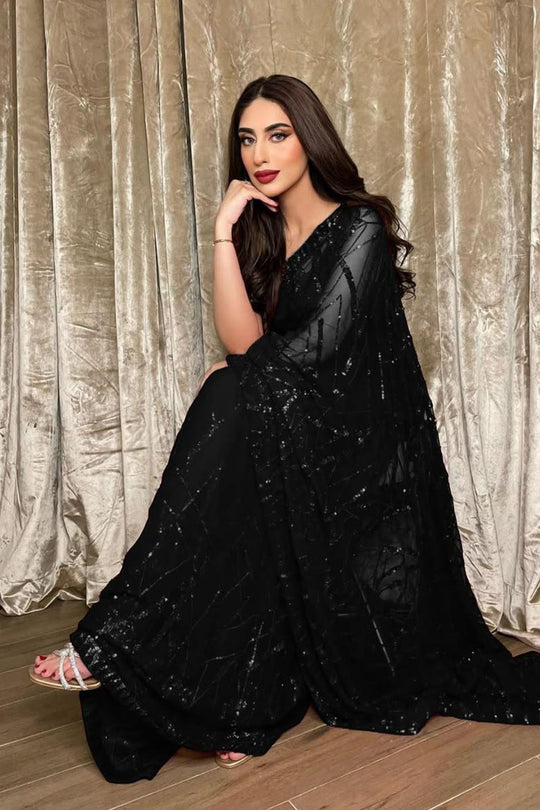 Julia Black Georgette Sequin Embellished Partywear Ready to Wear Saree