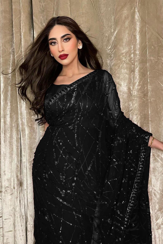 Julia Black Georgette Sequin Embellished Partywear Ready to Wear Saree
