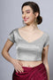 Mena Silver Satin Comfort Stretch™  Leaf Neck Short Sleeve Blouse
