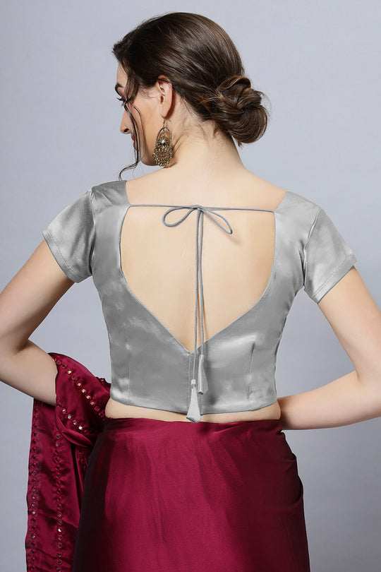 Mena Silver Satin Comfort Stretch™  Leaf Neck Short Sleeve Blouse